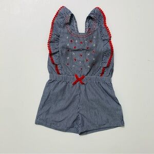 Nannette Girls Navy & White Striped Romper with Red Accents sz 6x